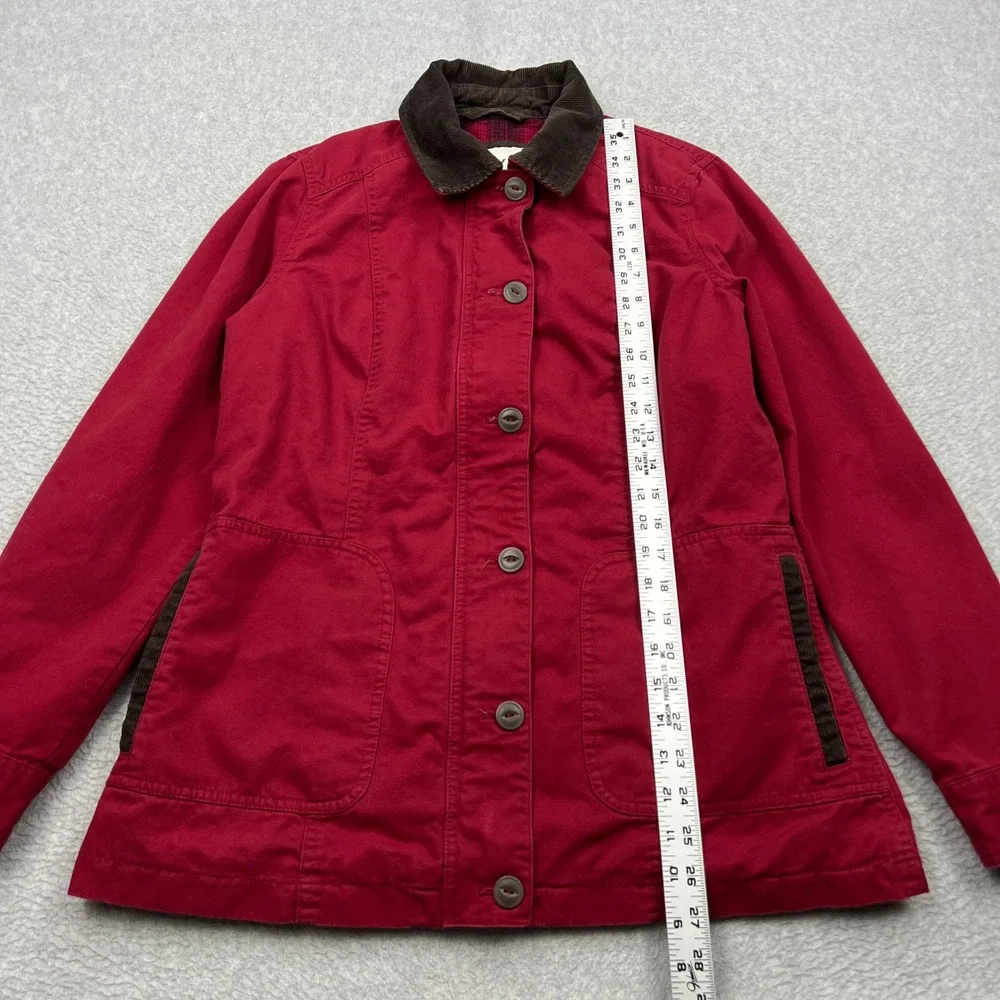 Orvis Barn Jacket Womens Small Red Canvas Plaid Lined Corduroy Collar Field Coat